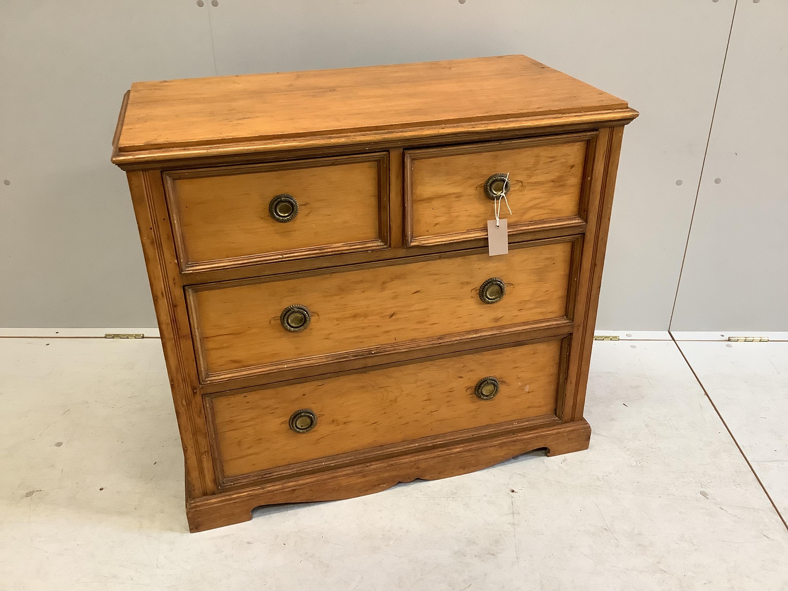 A late Victorian stained pine chest of four drawers, width 87cm, depth 46cm, height 79cm